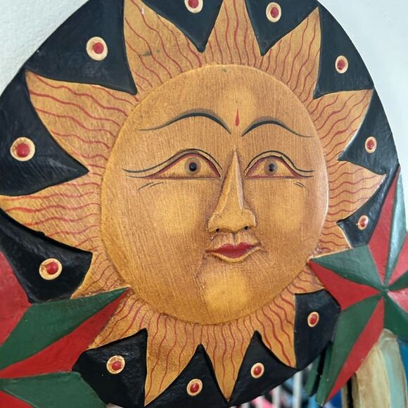 Vintage 23" Boho Celestial Wood Wall Mirror Moon Sun Stars Hand Painted Preowned - Picture 1 of 12